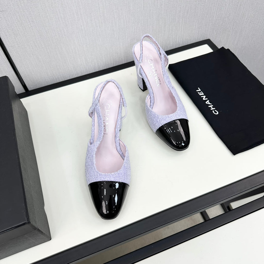CHANEL HIGH SLINGBACK LIGHT BLUE TWEED AND BLACK CALFSKIN
