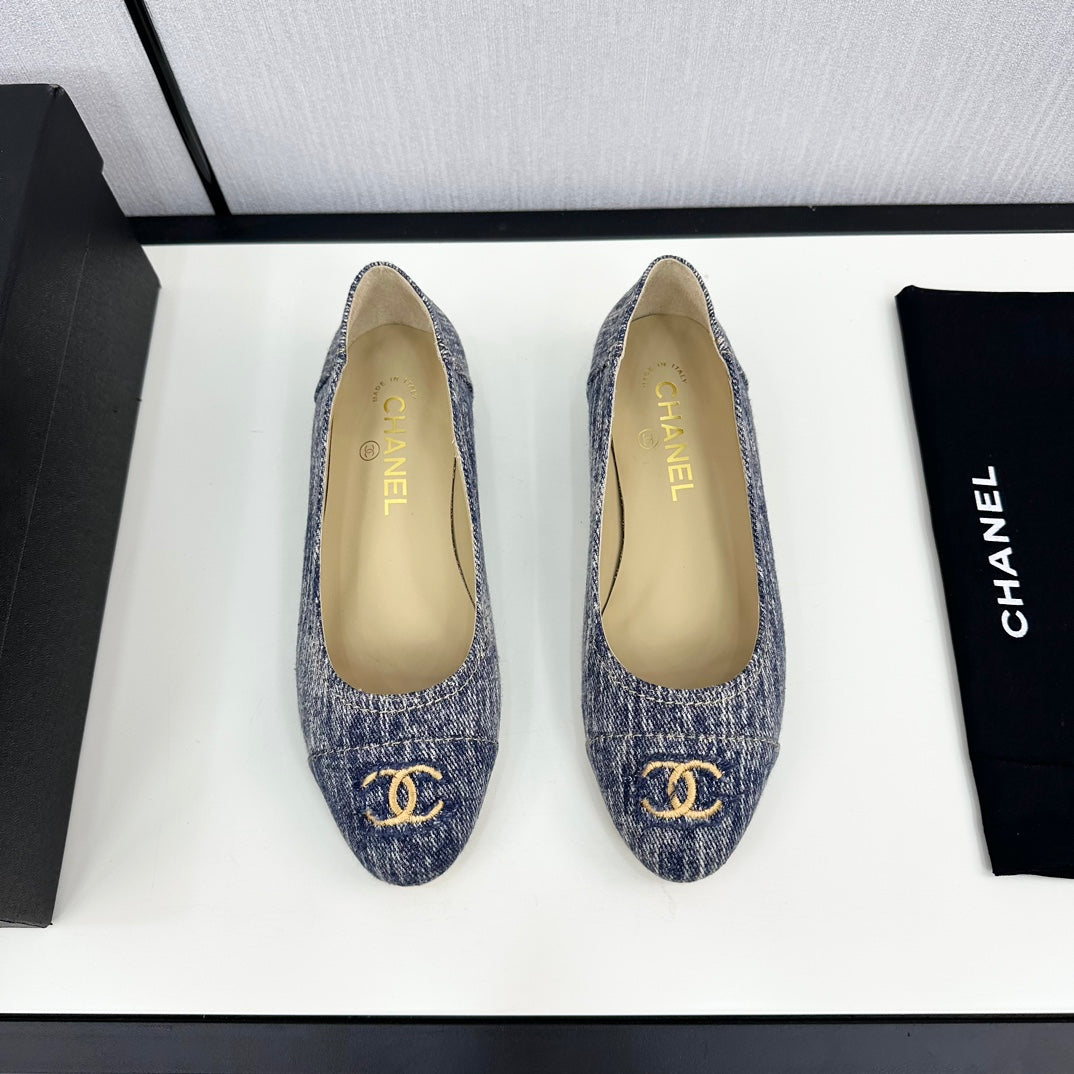 CHANEL ballet flat blue with white stripe denim 166816