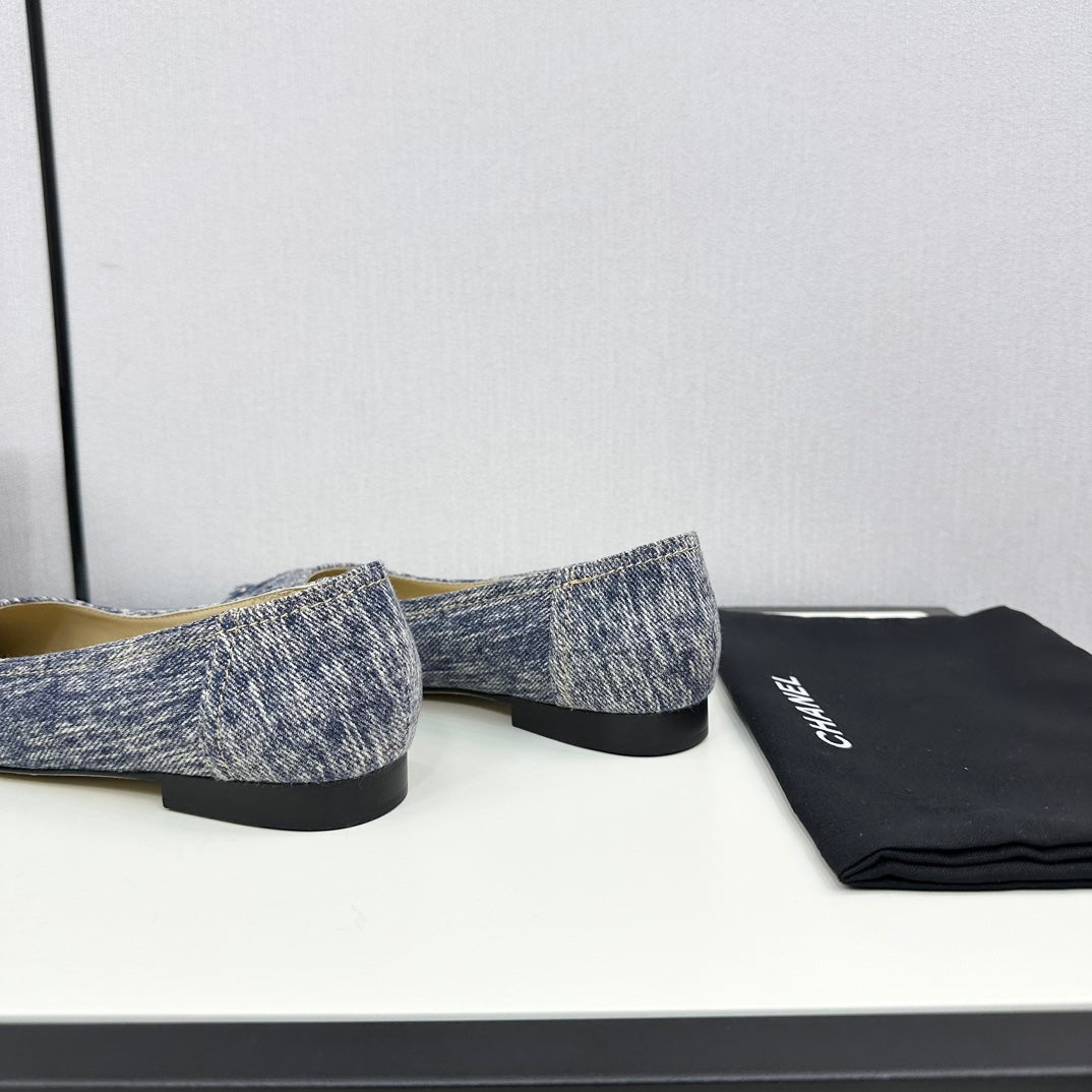 CHANEL ballet flat blue with white stripe denim 166816