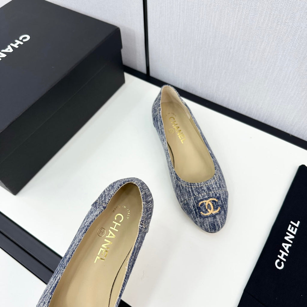CHANEL ballet flat blue with white stripe denim 166816