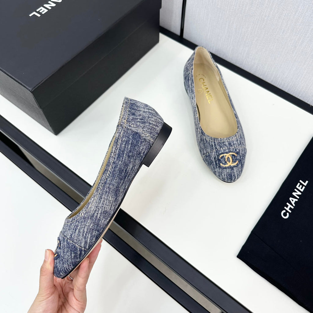 CHANEL ballet flat blue with white stripe denim 166816