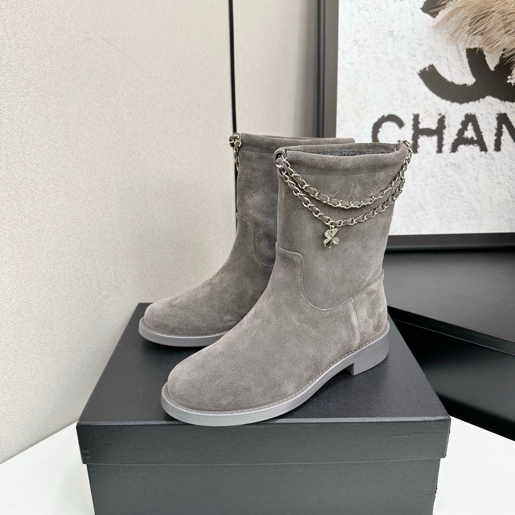 CHANEL 25S SHORT BOOTS IN GRAY SUEDE SILVER HARDWARE