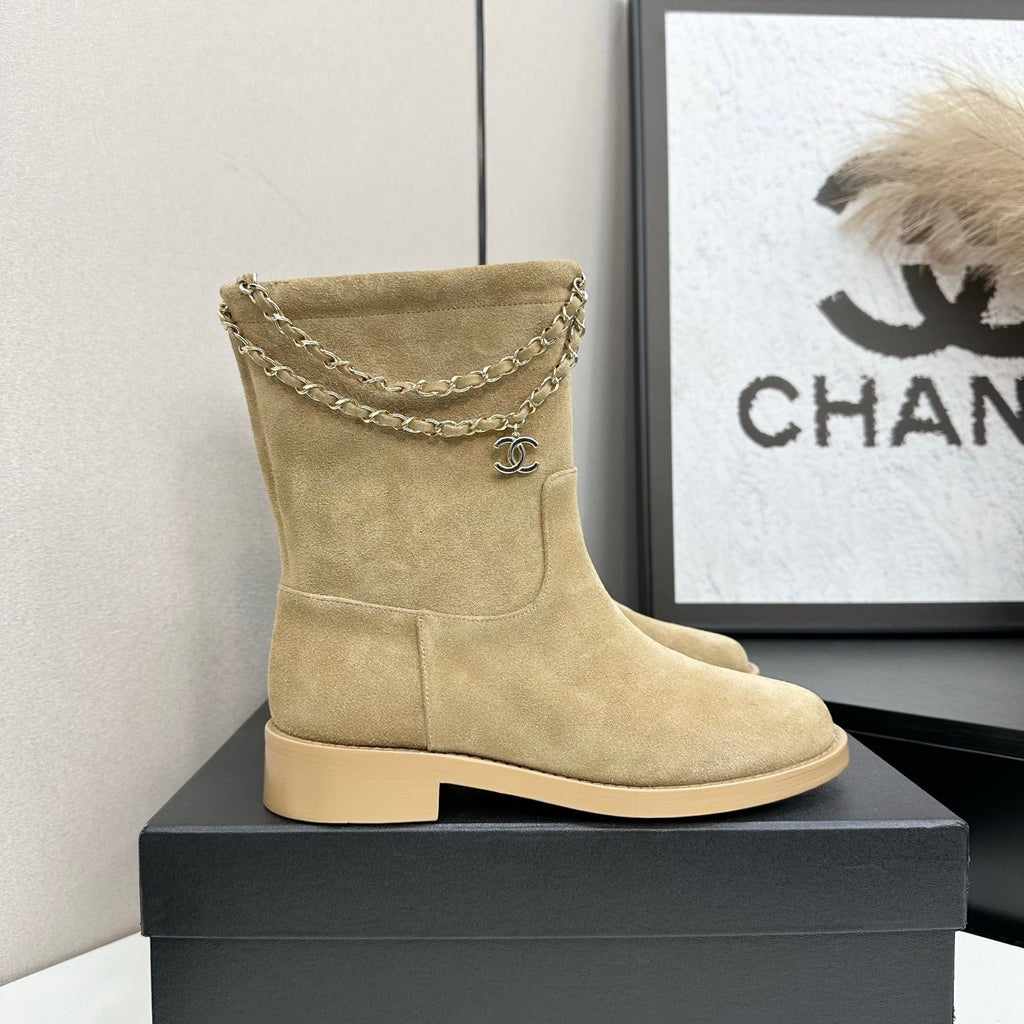 CHANEL 25S SHORT BOOTS IN LIGHT GOLD SUEDE SILVER HARDWARE