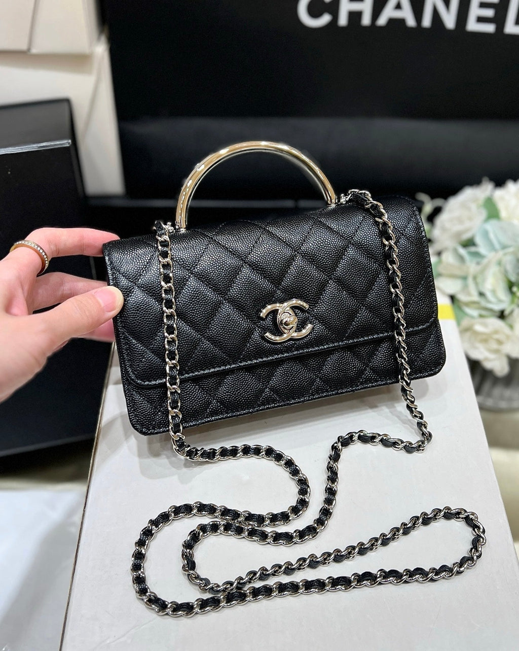 CHANEL FLAP BAG WITH SILVER-TONE HANDLE 18 IN BLACK LAMBSKIN
