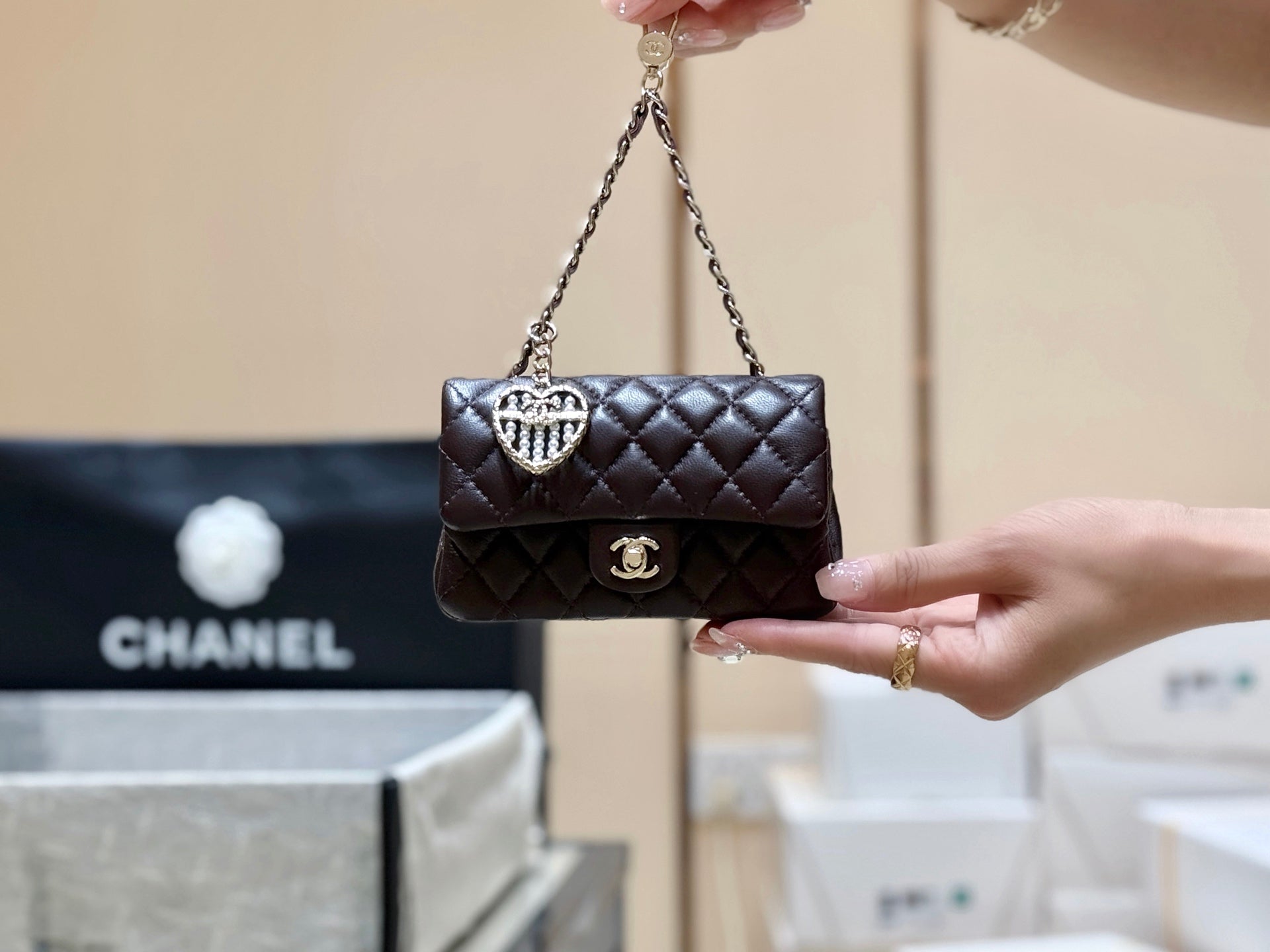 CHANEL 25S  MINI CF BAG 12 IN DARK BROWN LAMBSKIN HEART MODEL