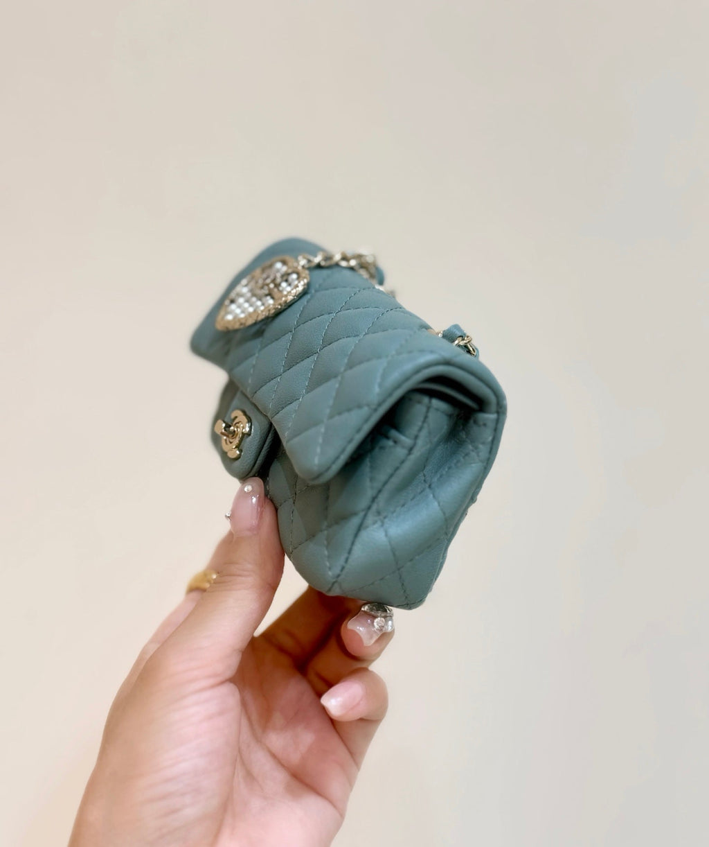 CHANEL 25S  MINI CF BAG 12 IN MUTED TEAL LAMBSKIN HEART MODEL