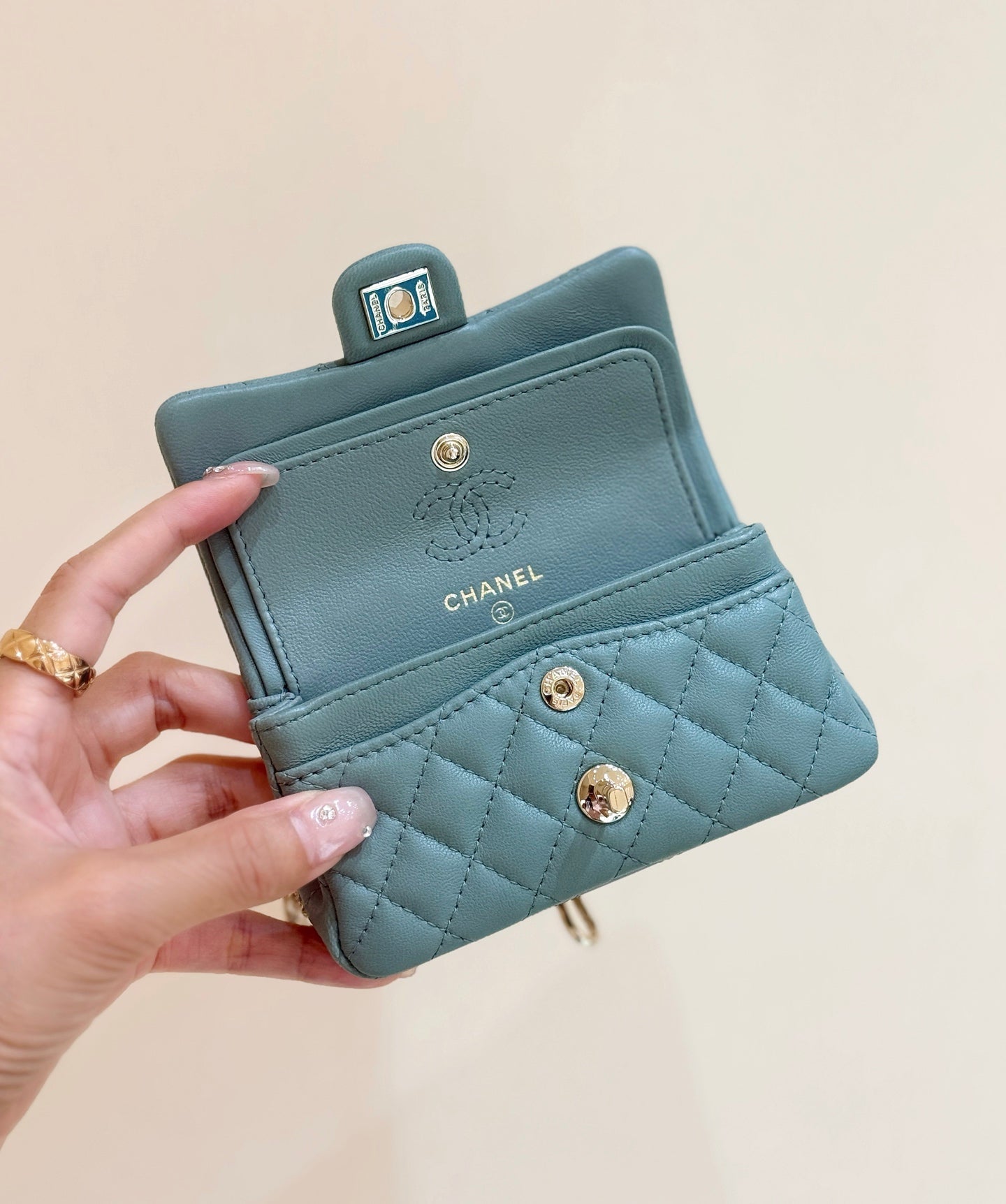 CHANEL 25S  MINI CF BAG 12 IN MUTED TEAL LAMBSKIN HEART MODEL