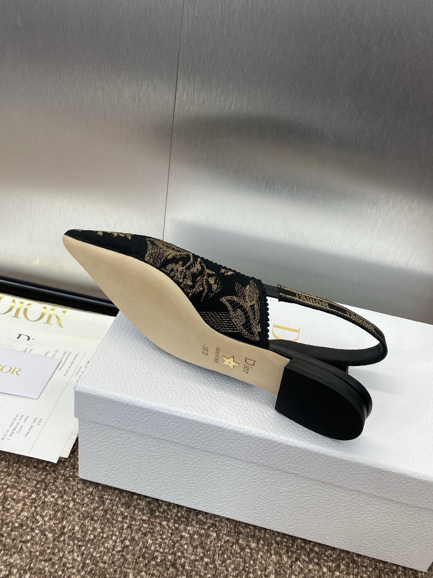 DIOR J'A SLINGBACK PUMP BLACK AND GOLD-TONE MILLEFIORI JACQUARD