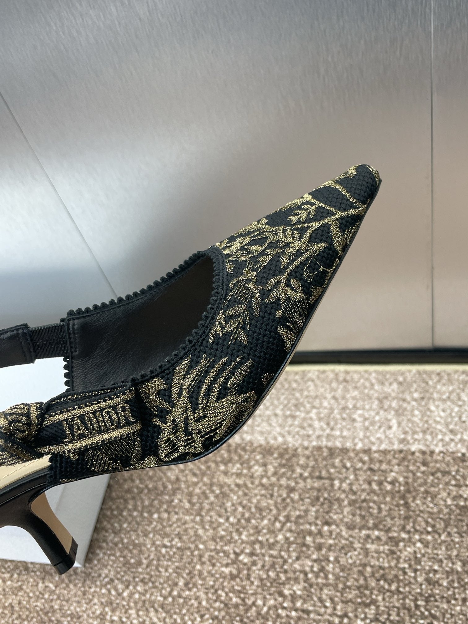 DIOR J'A HIGH SLINGBACK PUMP BLACK AND GOLD-TONE MILLEFIORI JACQUARD 65 MM
