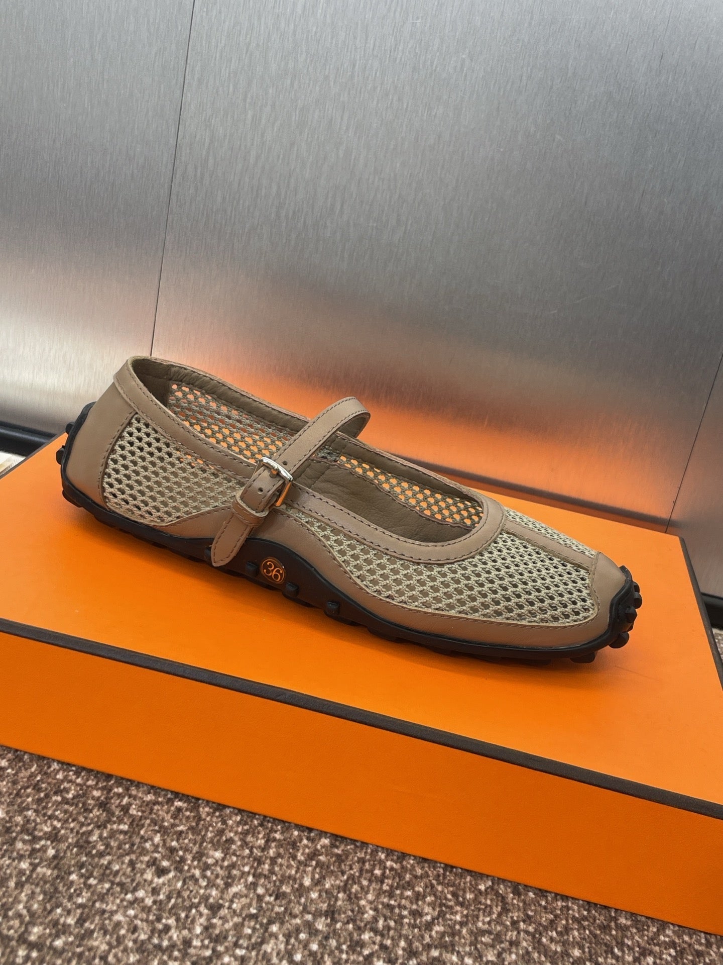 HERMES KICHU BALLET FLAT IN MOCHA BROWN CROCHET KNIT AND CALFSKIN
