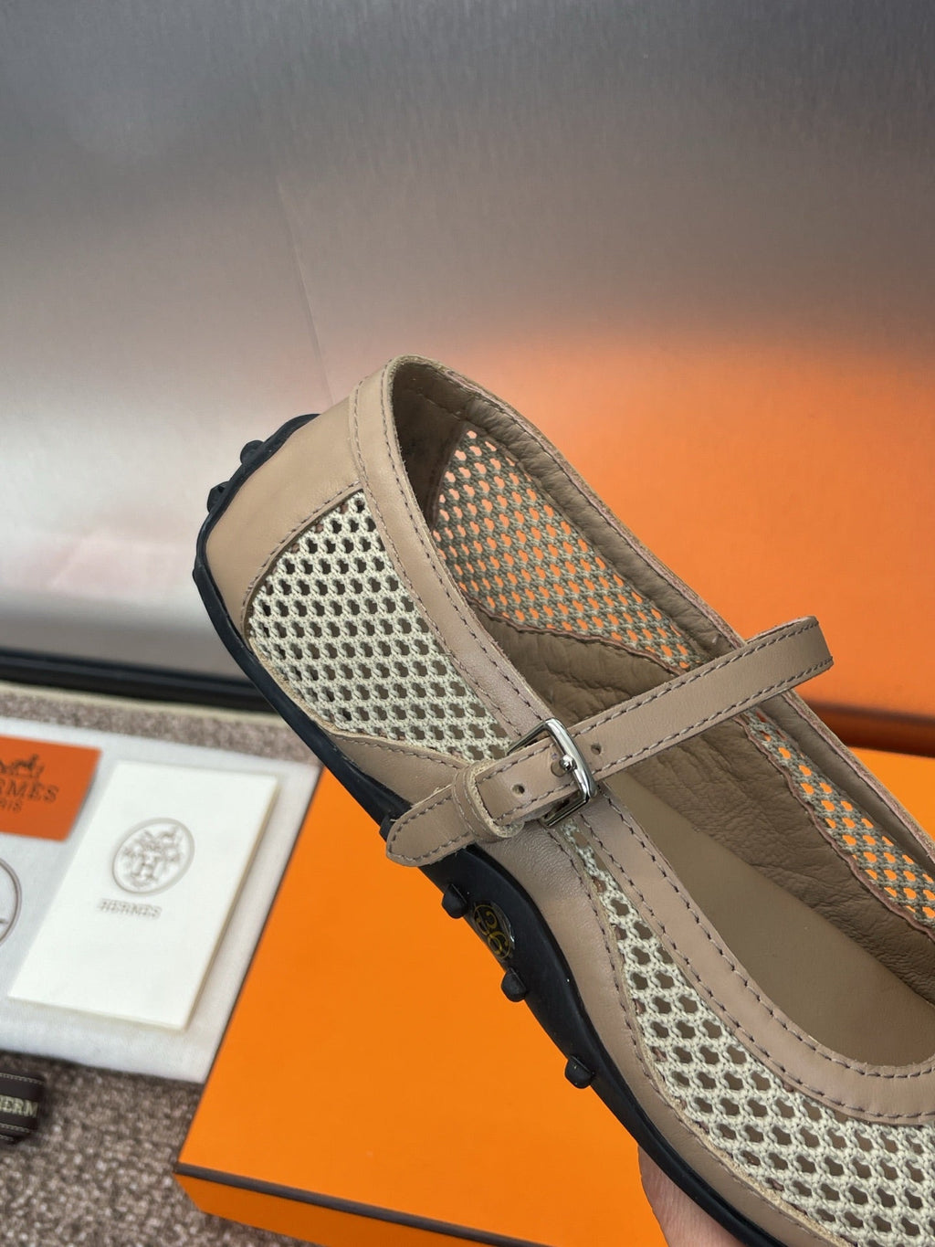 HERMES KICHU BALLET FLAT IN MOCHA BROWN CROCHET KNIT AND CALFSKIN