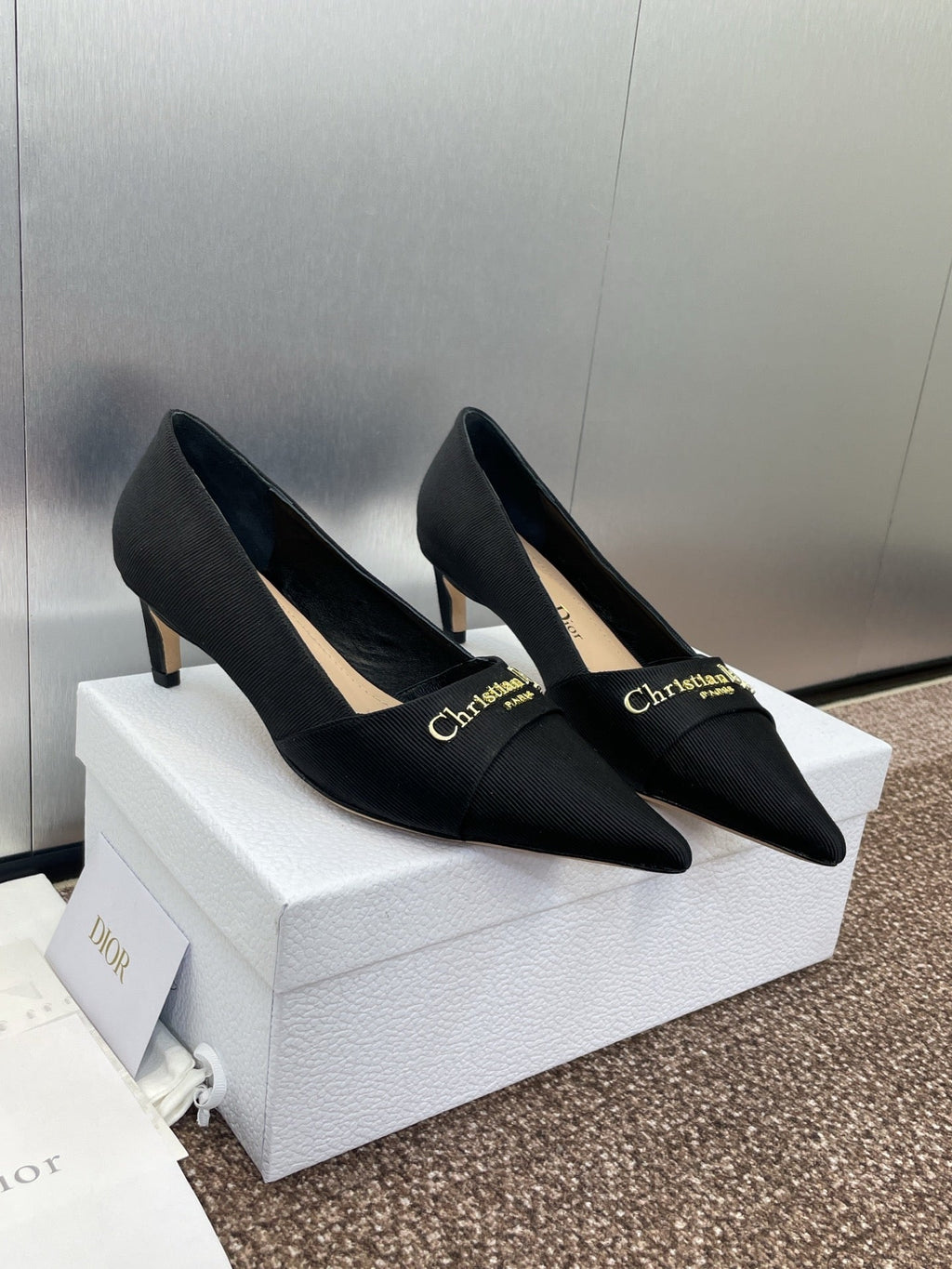 DIOR MY DD 25S HIGH HEEL 55MM IN BLACK FABRIC GOLD LOGO
