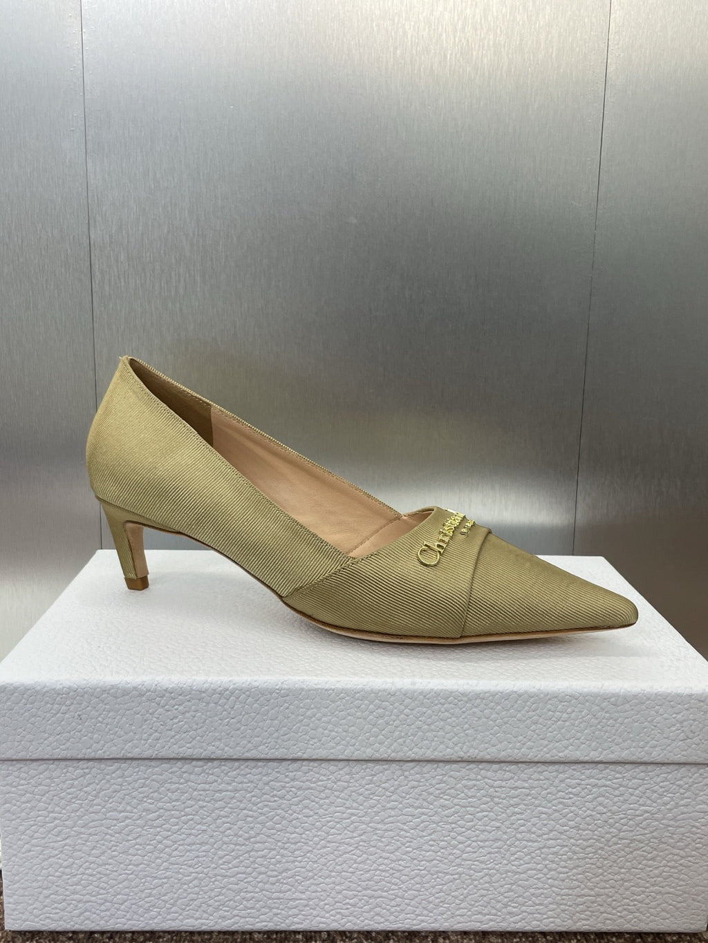 DIOR MY DD 25S HIGH HEEL 55MM IN KHAKI GOLD FABRIC GOLD LOGO