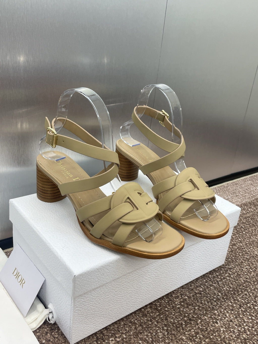 DIOR D-CLUB HIGH HEEL SLIDE 25S 55MM IN GOLDEN BEIGE CALFSKIN