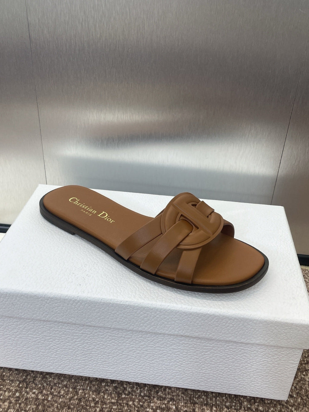 DIOR D-CLUB SLIDE SANDAL 25S IN BROWN CALFSKIN