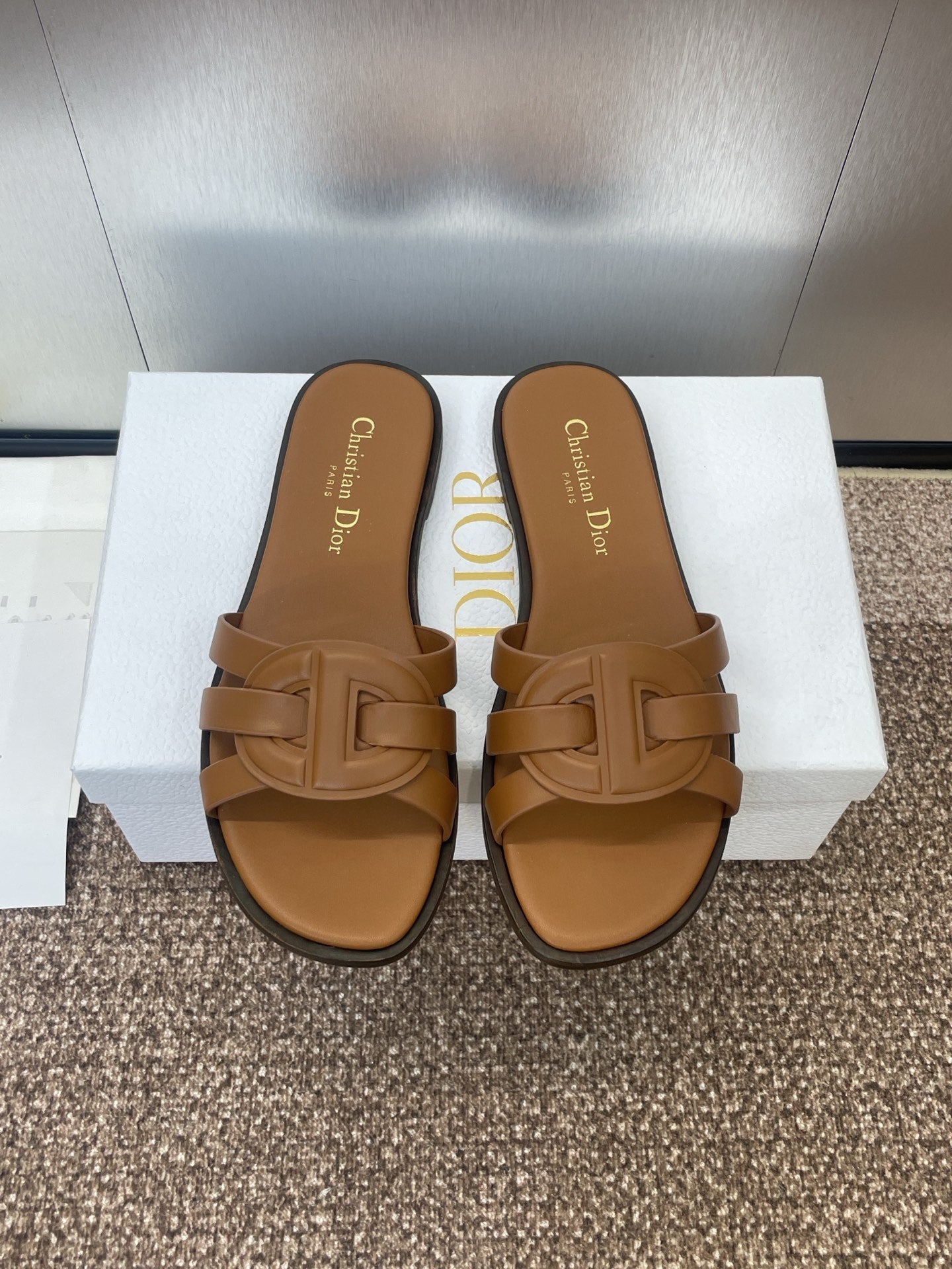 DIOR D-CLUB SLIDE SANDAL 25S IN BROWN CALFSKIN