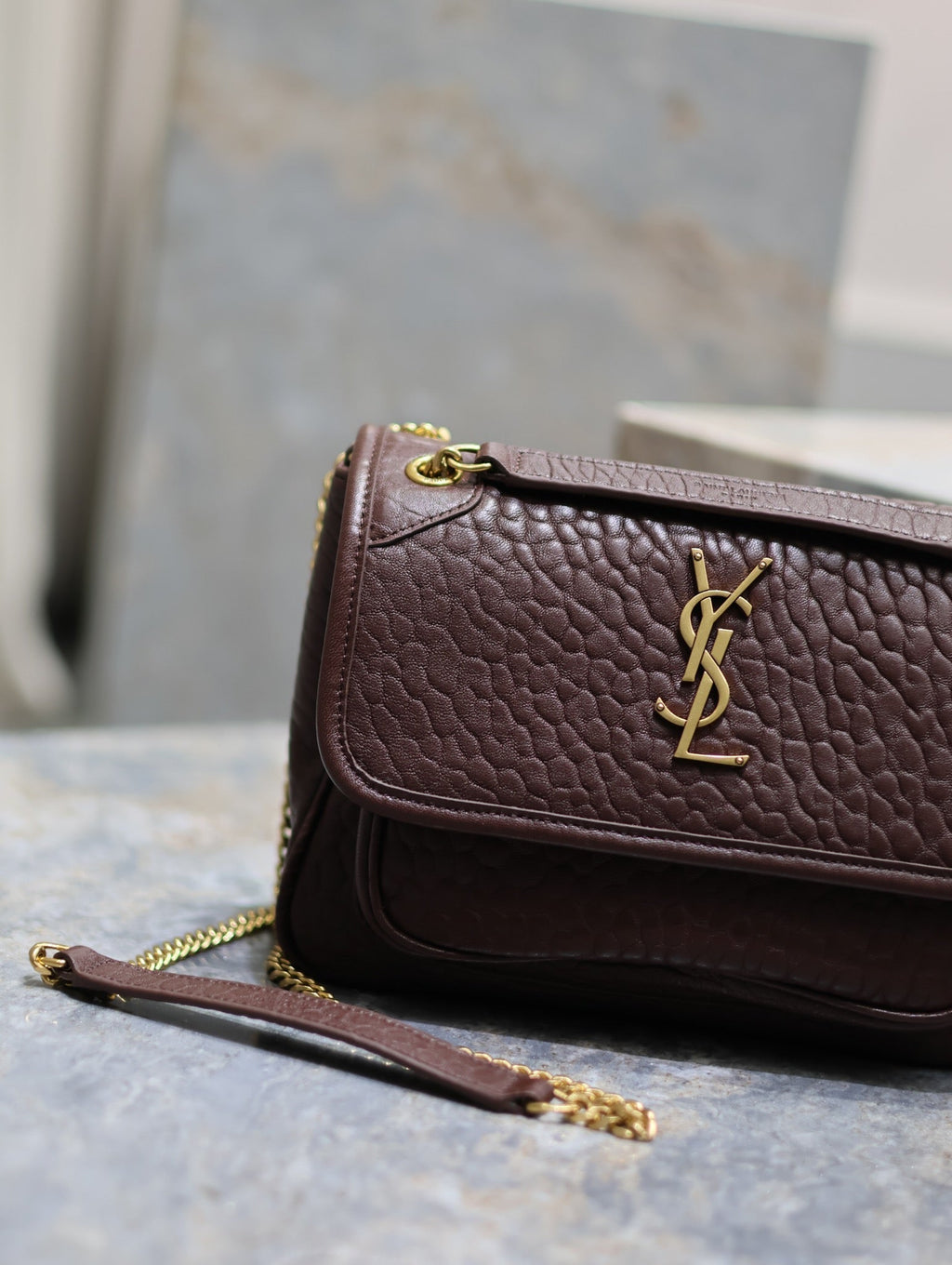 Niki mini crinkled shoulder 22 in Chestnut Brown Lamskin Gold Hardware