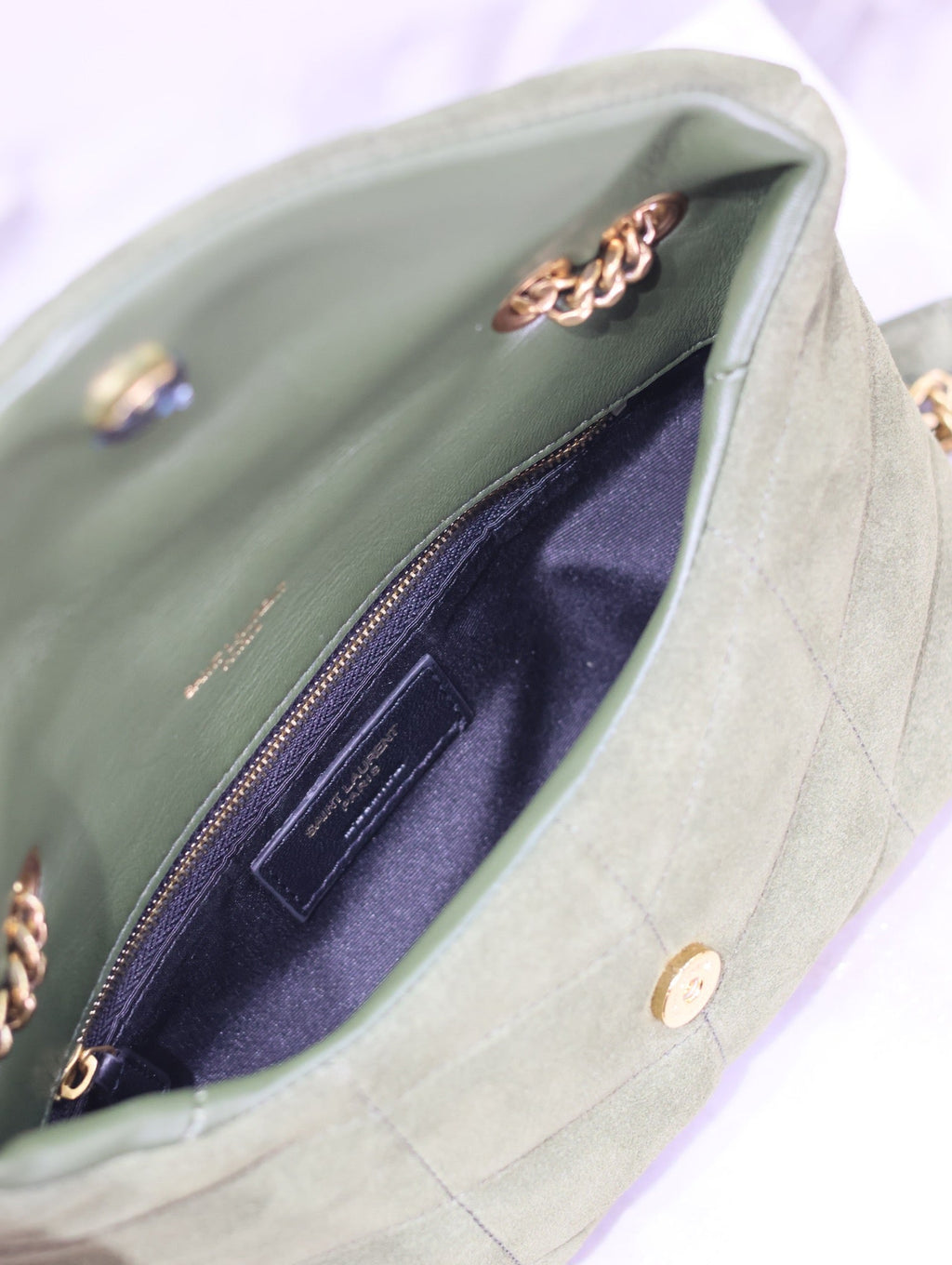 YSL 25S LOULOU PUFFER MINI 23 IN GREEN SUEDE GOLD HARDWARE