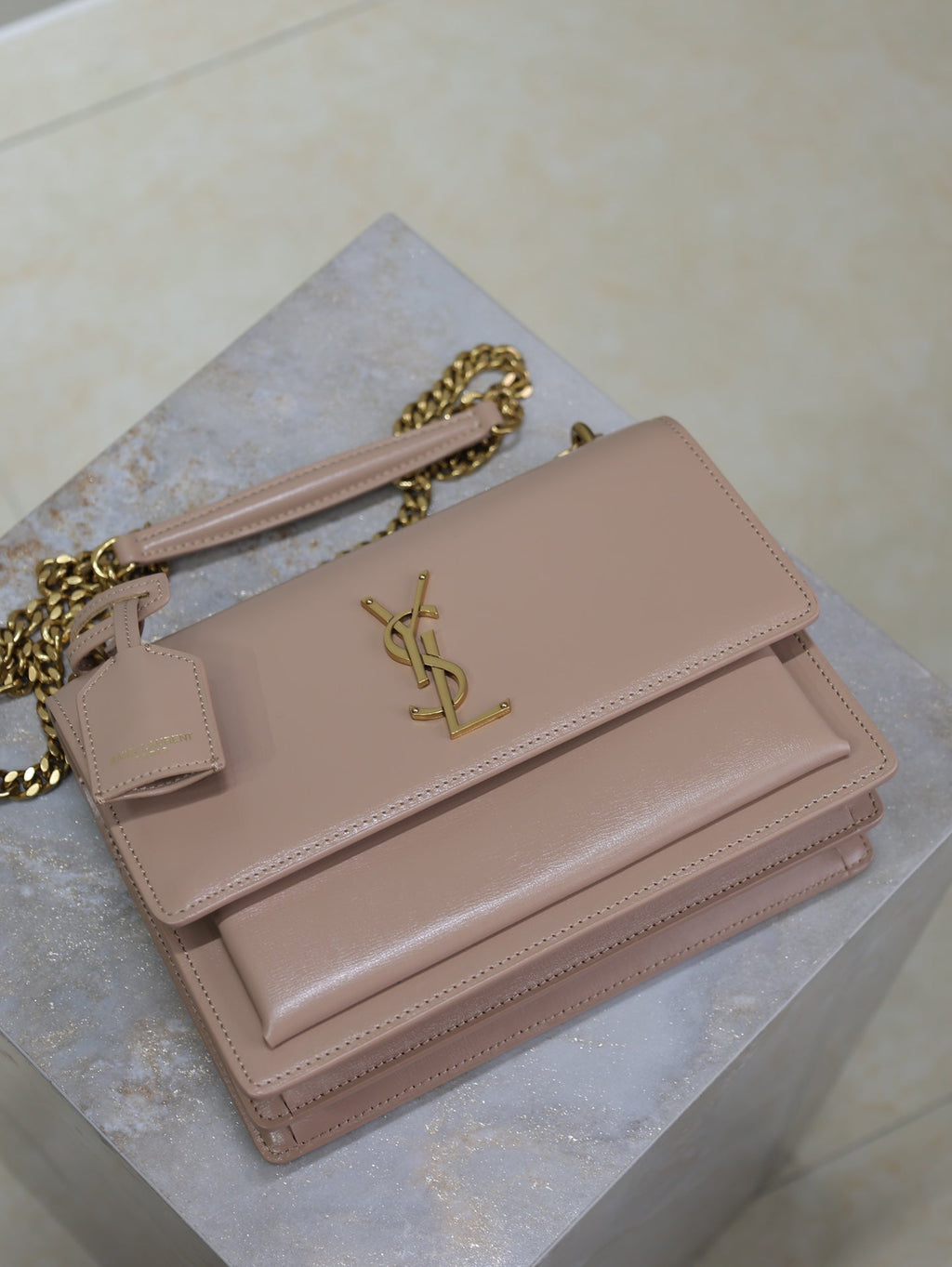 YSL 25S SUNSET BAG 22 IN WARM TAUPE PINK CALFSKIN GOLD HARDWARE