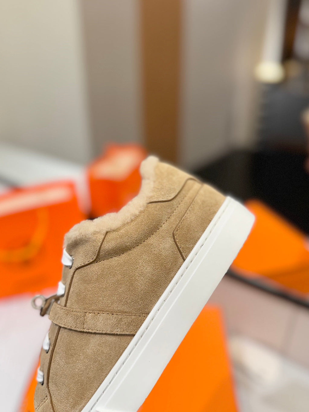 HERMES DAY SNEAKER IN TORTILLA BROWN SUEDE AND FLEECE LINING