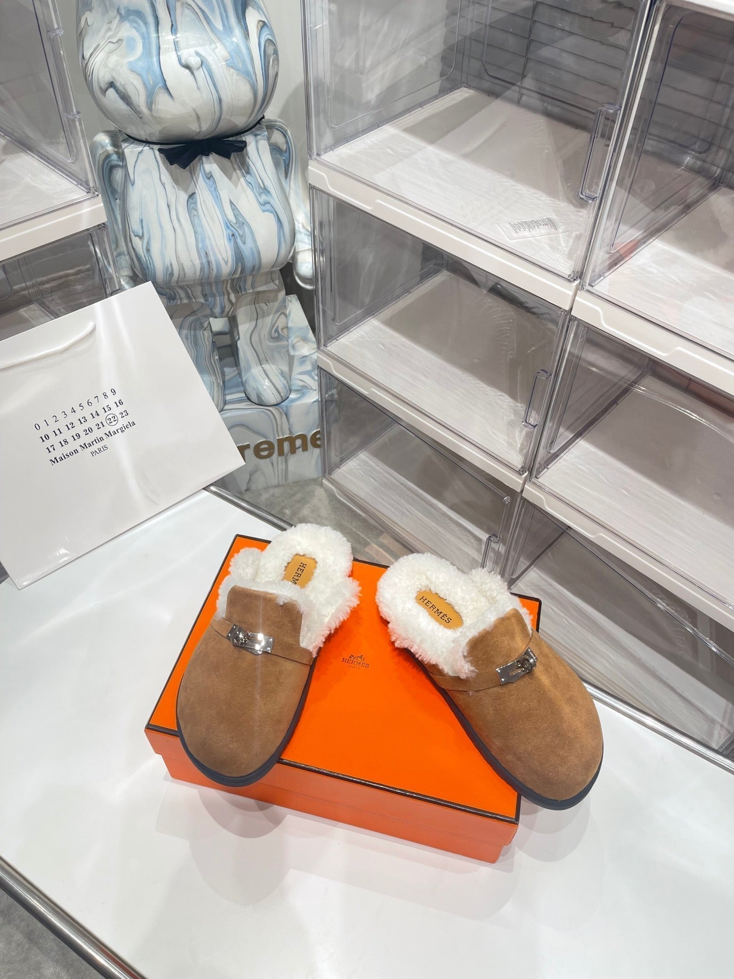 HERMES SLIP-ON MULE IN MEDIUM BROWN SUEDE AND SHEARLING LINING