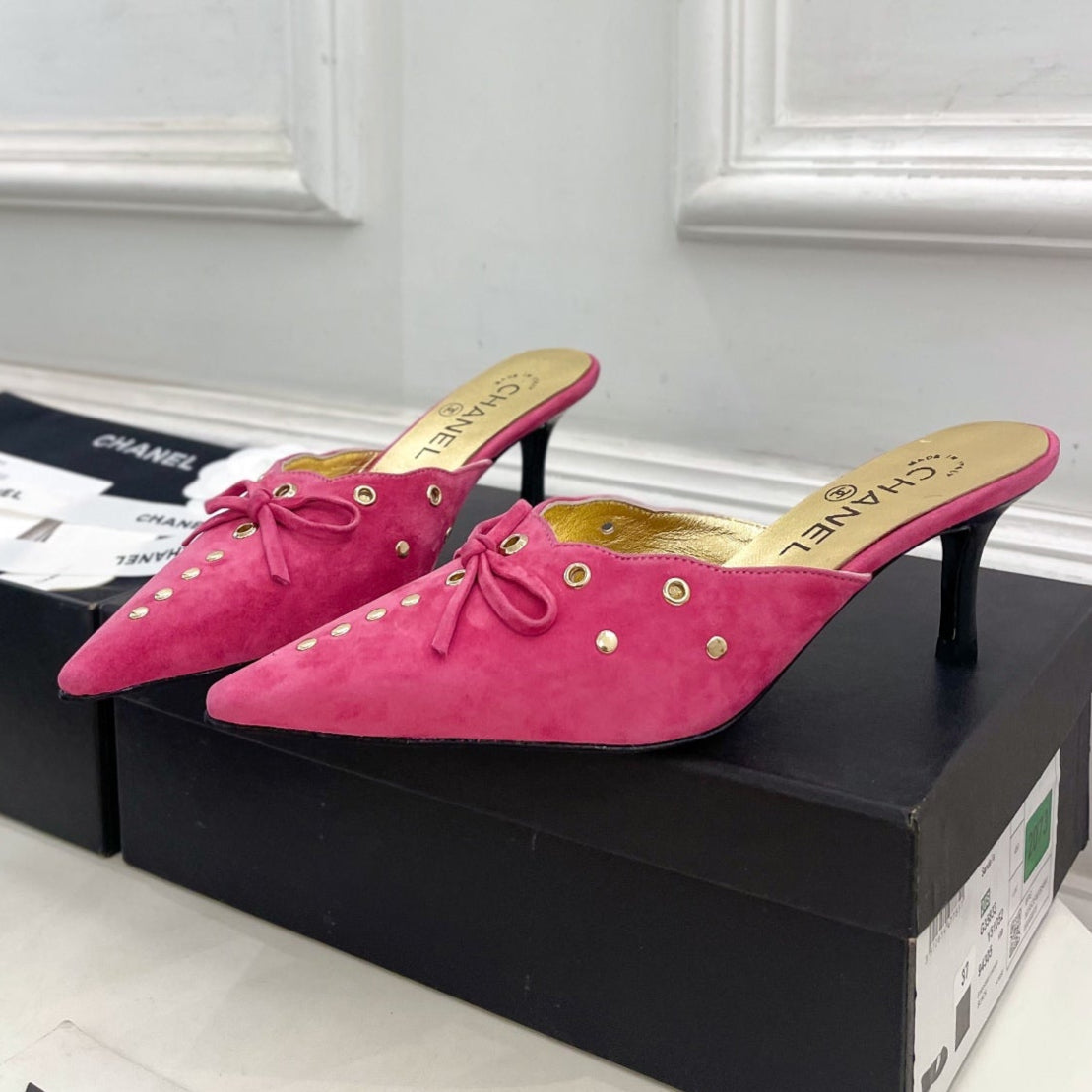 CHANEL HIGH 65 MM MULE IN DEEP PINK SUEDE