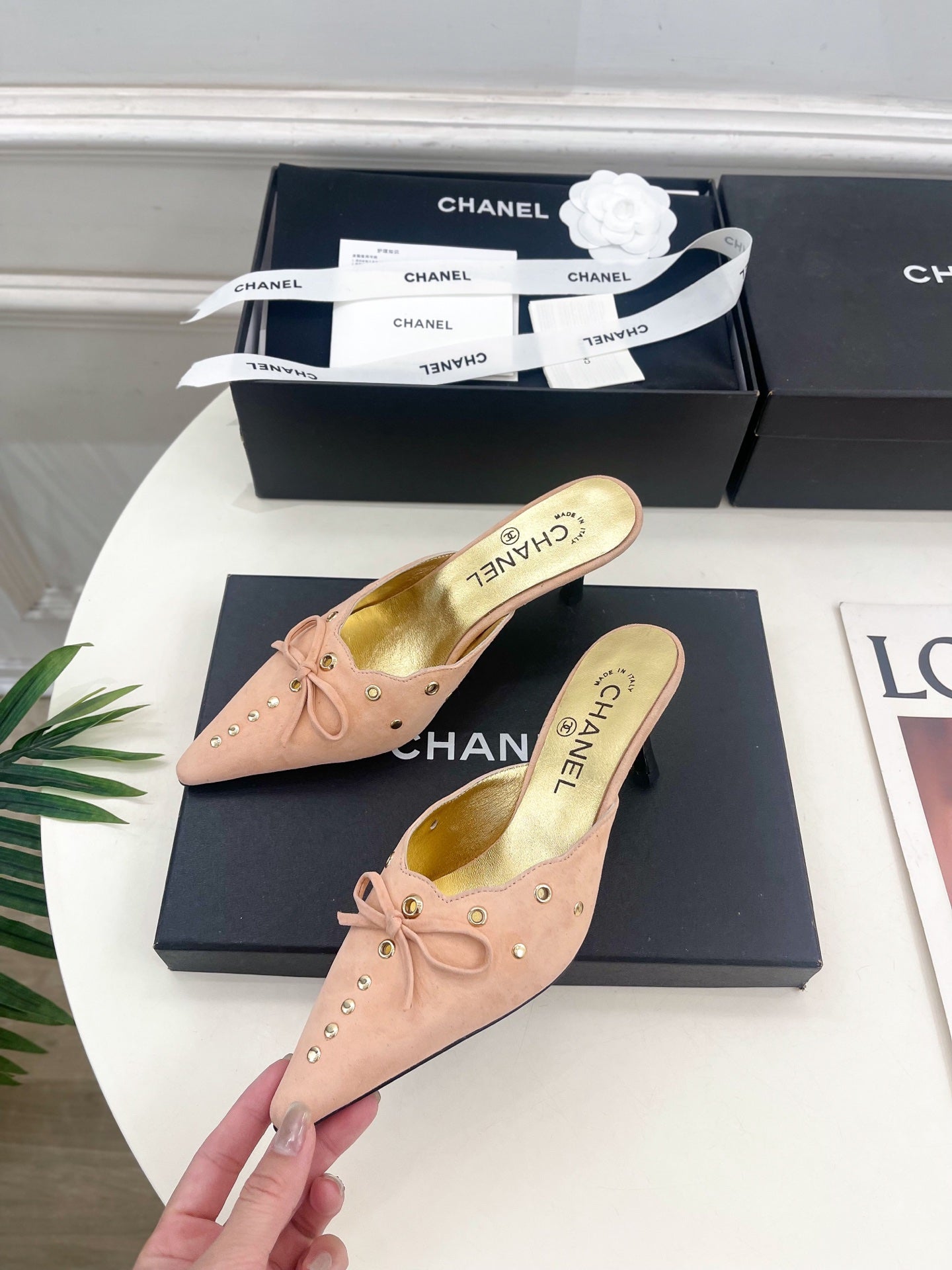 CHANEL HIGH 65 MM MULE IN PEACH PINK SUEDE