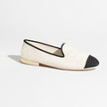 CHANEL MOASINS WHITE BLACK LAMBSKIN