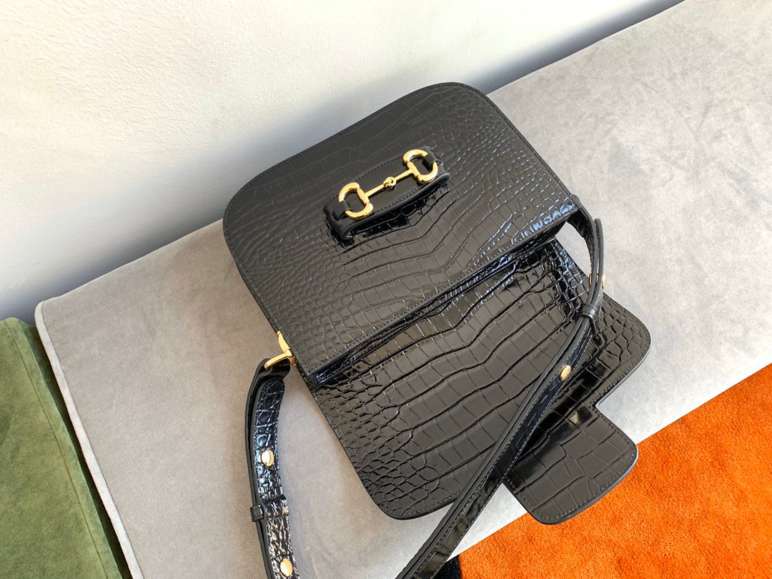 GUCCI 1955 Horsebit Bag 25cm Black Crocodile Leather Gold Hardware