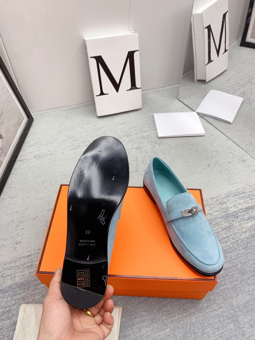 HERMES Destin Loafer Suede Light Blue