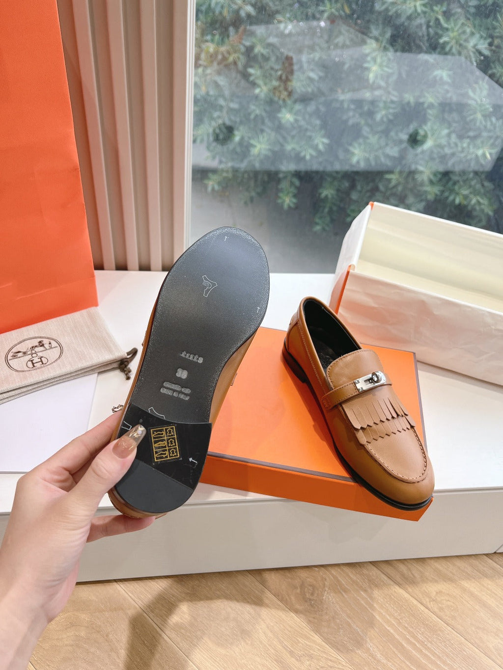 HERMES Destin Loafer Brown Goatskin with Fringe Detail